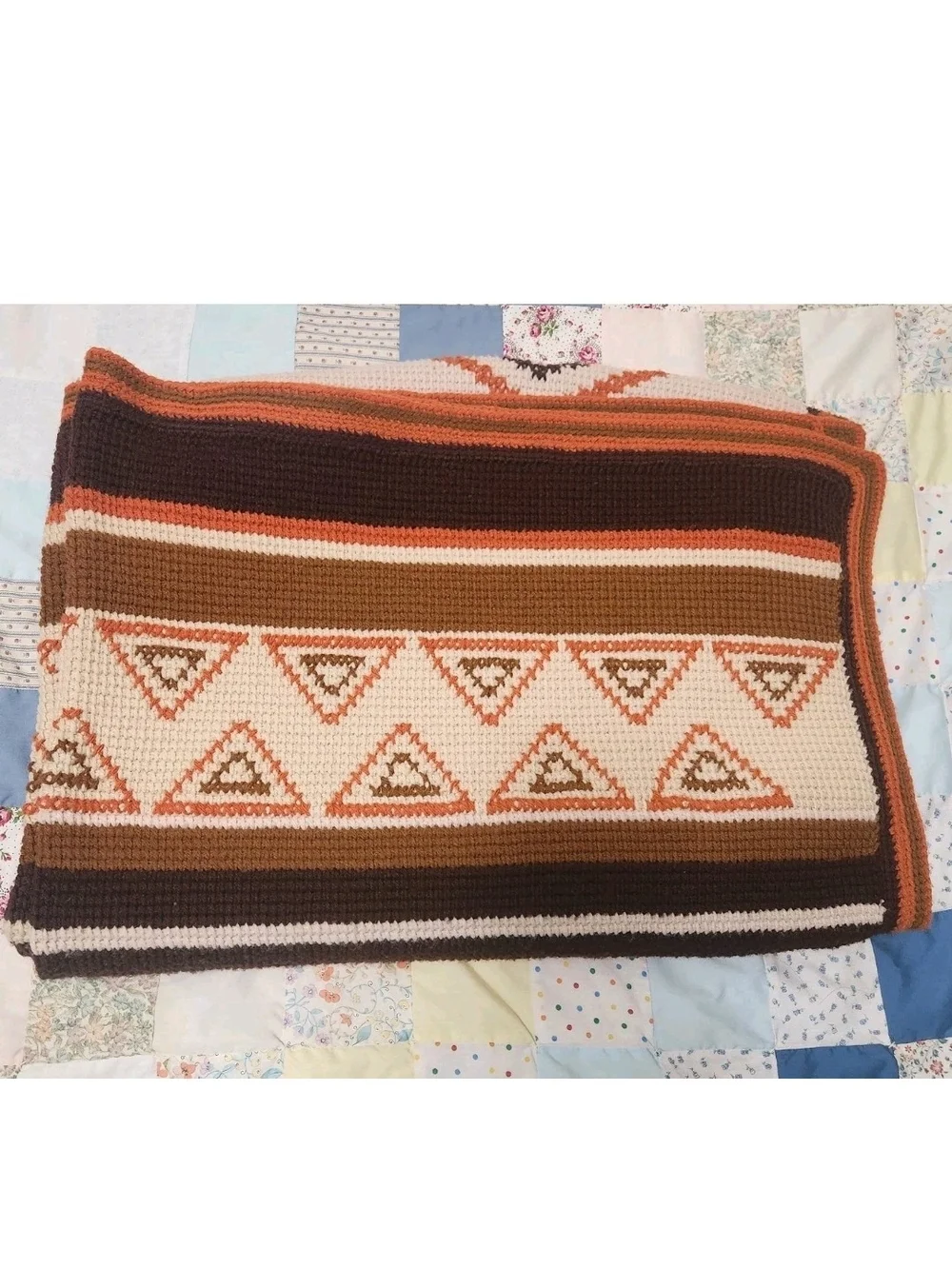 Vtg 70s Southwest Crochet Afghan Blanket Earth Tones Geo Diamond Throw 68x49